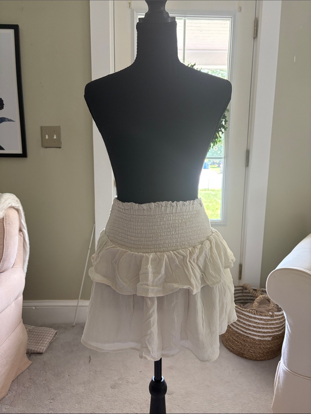 Smocked Waist Cream Ruffle Mini Skirt